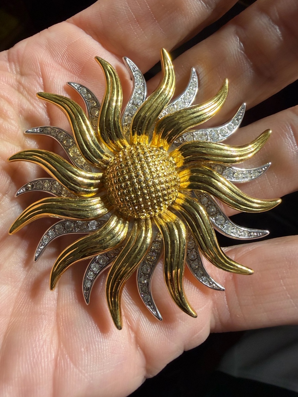 Vintage kJL Kenneth Jay Lane Gold & Silver Tone Sunburst Crystal Brooch Pendant